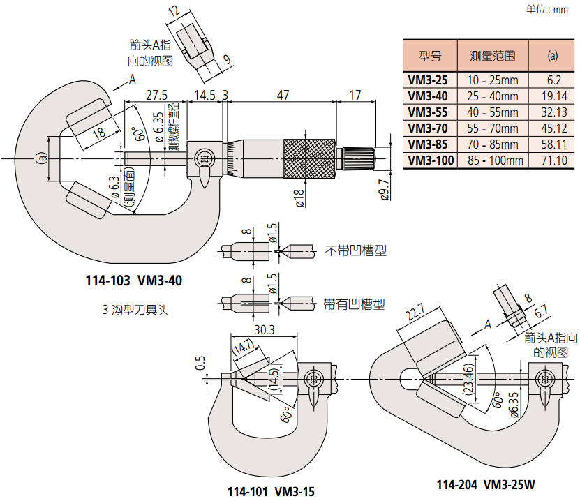 VM3-15MX V型测砧千分尺尺寸